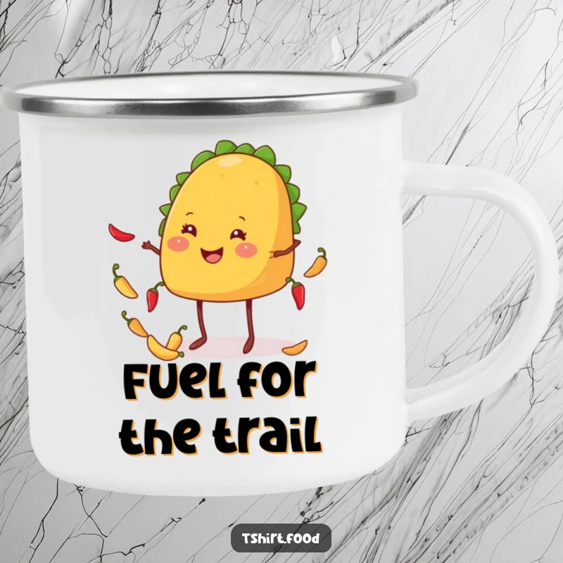 Funny taco camping mug with a smiling taco juggling chiles, designed for outdoor enjoyment and culinary humor.
