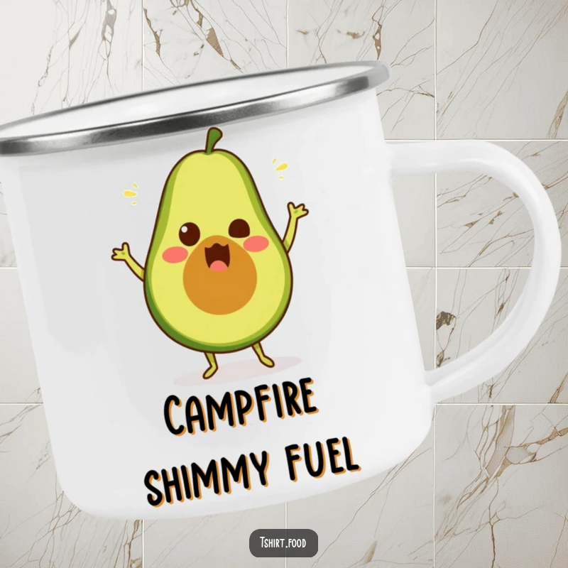Funny avocado dance camping mug showing a surprised fruit doing a silly dance, ideal funny gift.