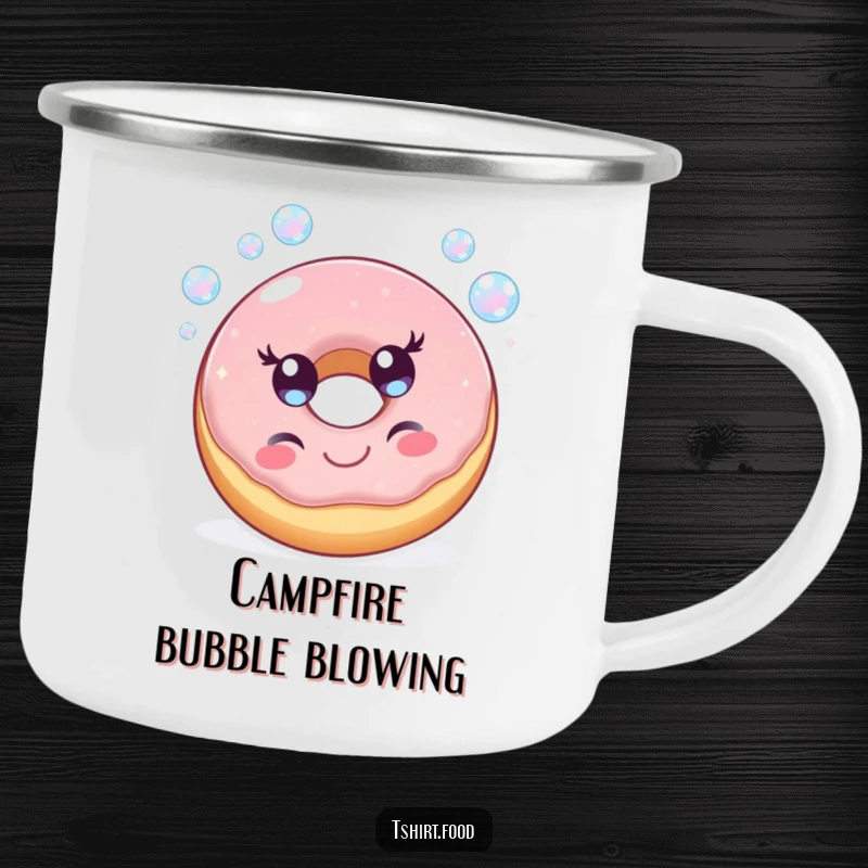 Funny camping mug with a cheerful donut character happily blowing iridescent bubbles, bringing sweet and bubbly humor to outdoor drinks.