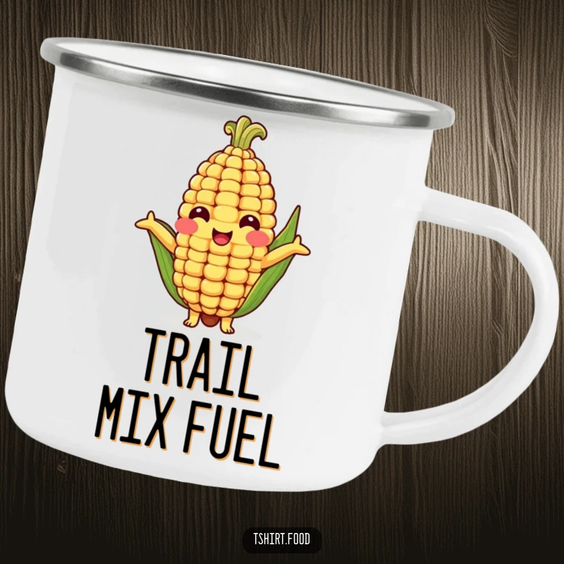 Funny camping mug featuring a smiling corn cob character extending arms for a hug, ideal for outdoor enthusiasts and veggie fans.