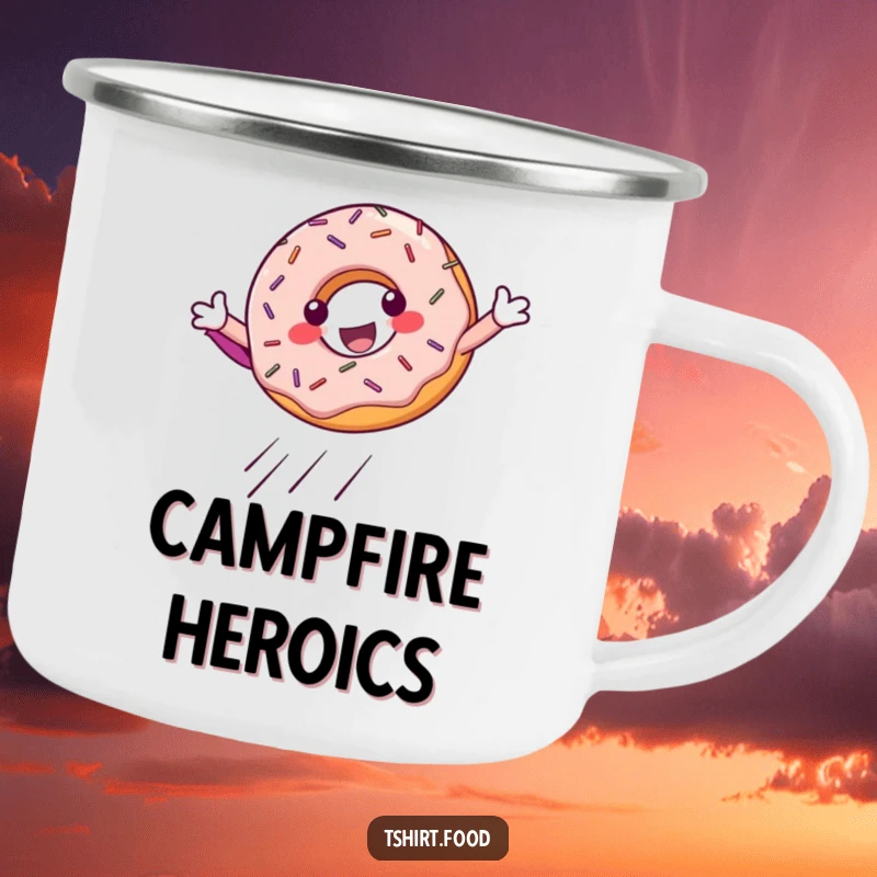 Funny Camping Mug: A cheerful donut with sprinkles performing a superhero landing, ready for outdoor adventures.