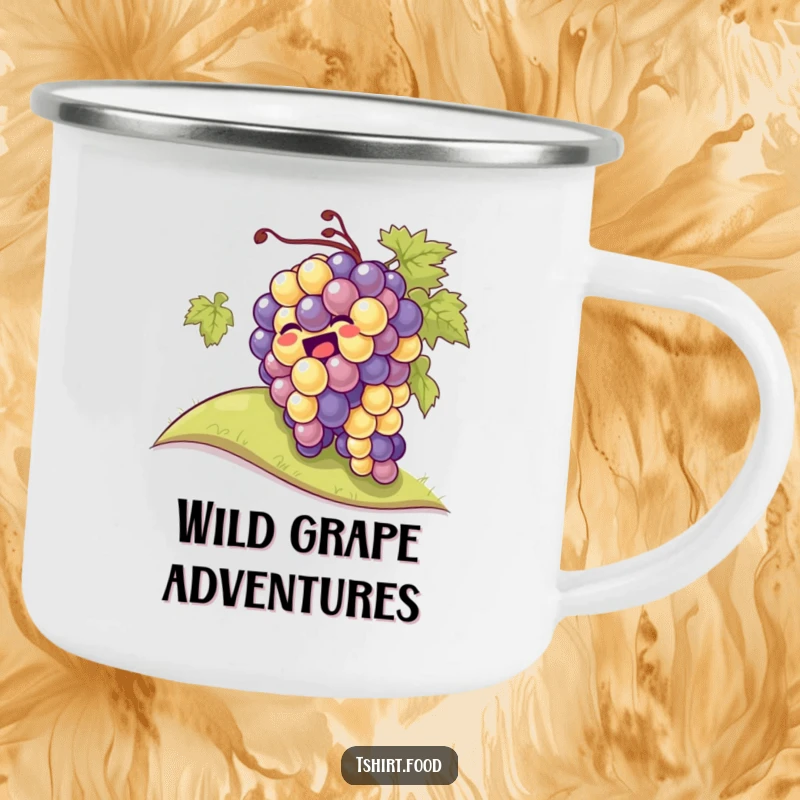 Funny giggling grapes rolling down a hill on a durable camping mug, perfect for outdoor fun and laughter.