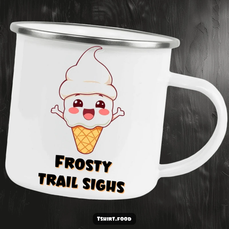 Funny Camping Mug featuring an excited ice cream cone character with a cone hat, perfect for sweet moments outdoors.