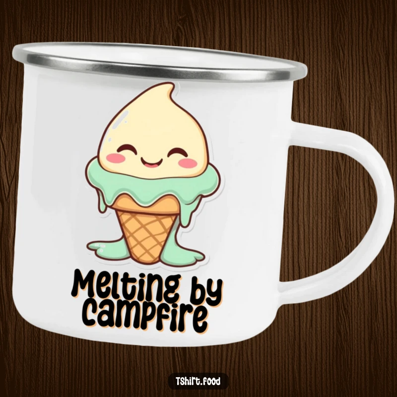 Funny happy ice cream cone character melting slightly with a wide, silly smile, on an enamel camping mug. Rugged and delightful.