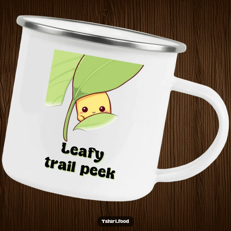 Funny shy banana camping mug with a fruit peeking from behind a leaf, ideal funny gift.