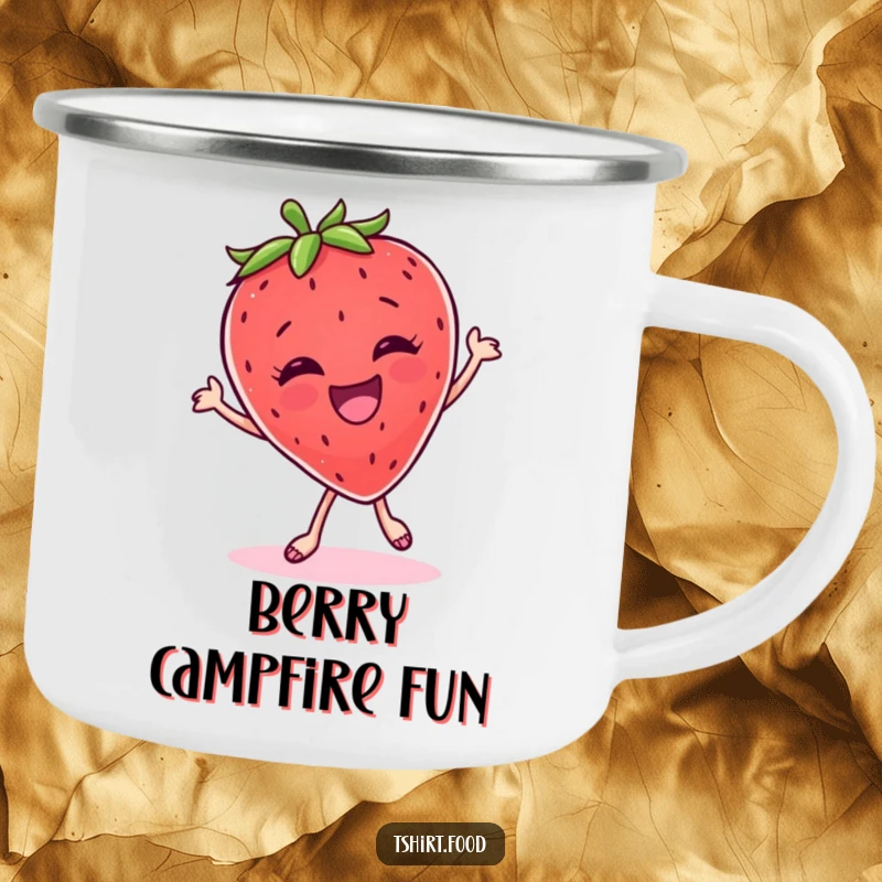 Funny Camping Mug: A giggling strawberry in a silly dance, perfect for outdoor adventures and cheerful sipping.