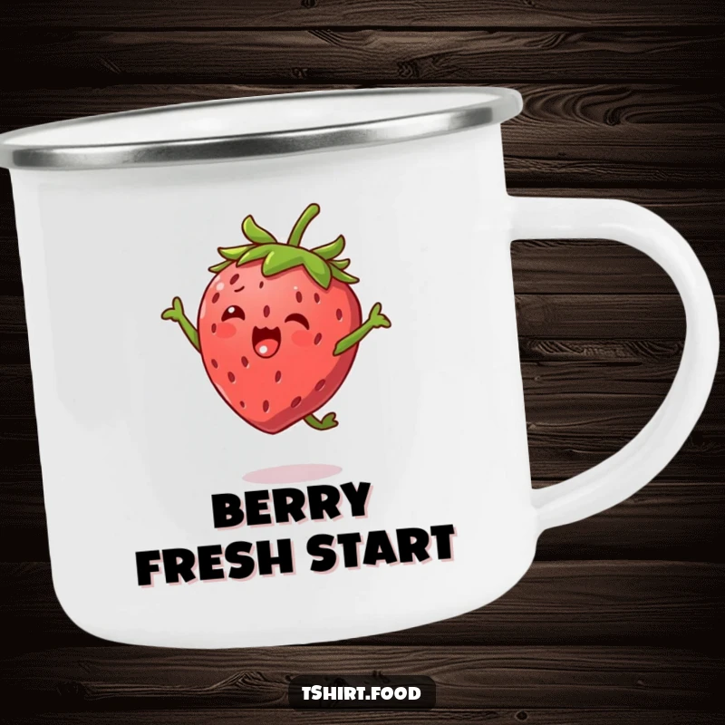 Funny Strawberry Jump Camping Mug featuring a happy strawberry character with tiny leaf arms, performing a joyful high jump, built for outdoor fun.