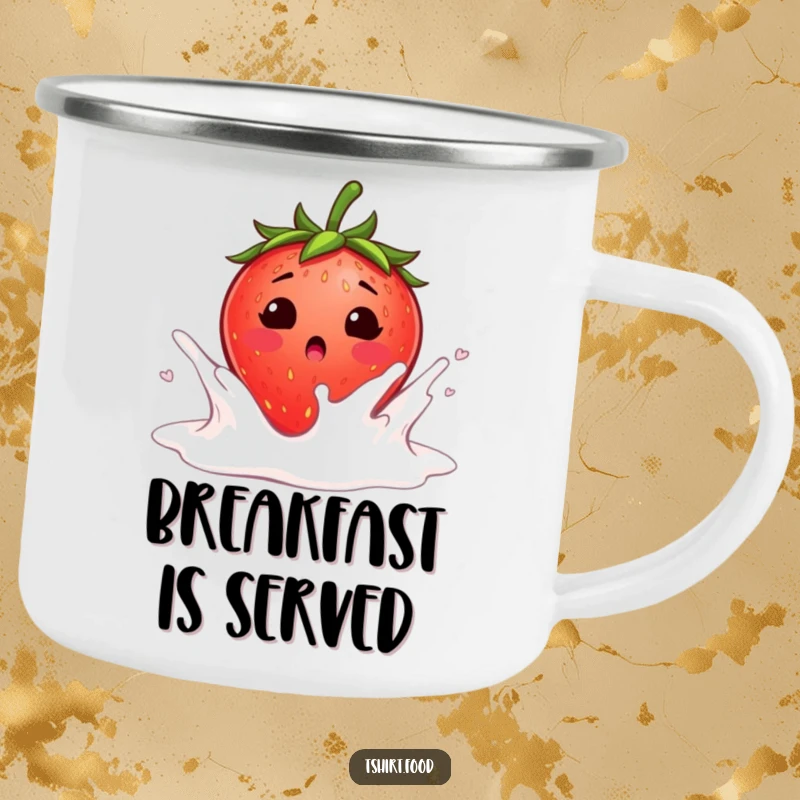 Funny surprised strawberry blushing as it falls into a milk splash camping mug, a blushing strawberry landing in creamy milk, perfect for humorous outdoor drinks.