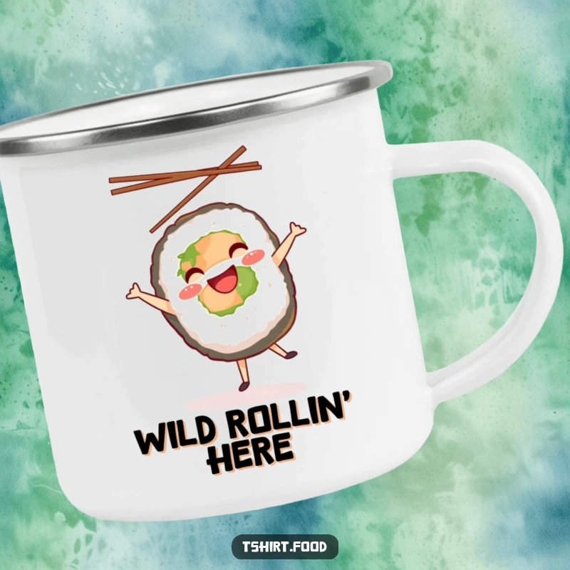 Funny camping mug showing a sushi roll doing a joyful cartwheel with chopsticks in the air, ideal for outdoor enthusiasts.