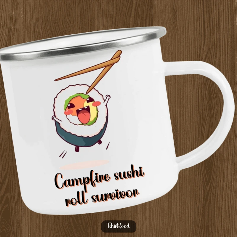 Funny Sushi Cartwheel Camping Mug showing an excited sushi roll doing a cartwheel, perfect for sipping beverages outdoors with a humorous touch.