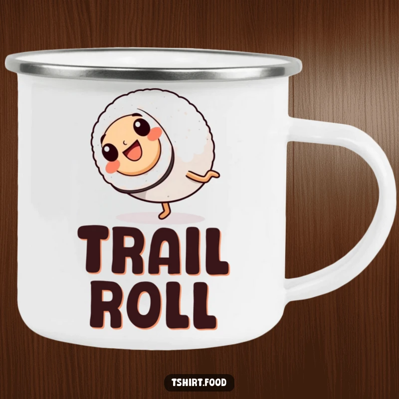 Funny Camping Mug: An energetic sushi roll with legs performs a cartwheel, ready for any outdoor adventure with a playful spirit.