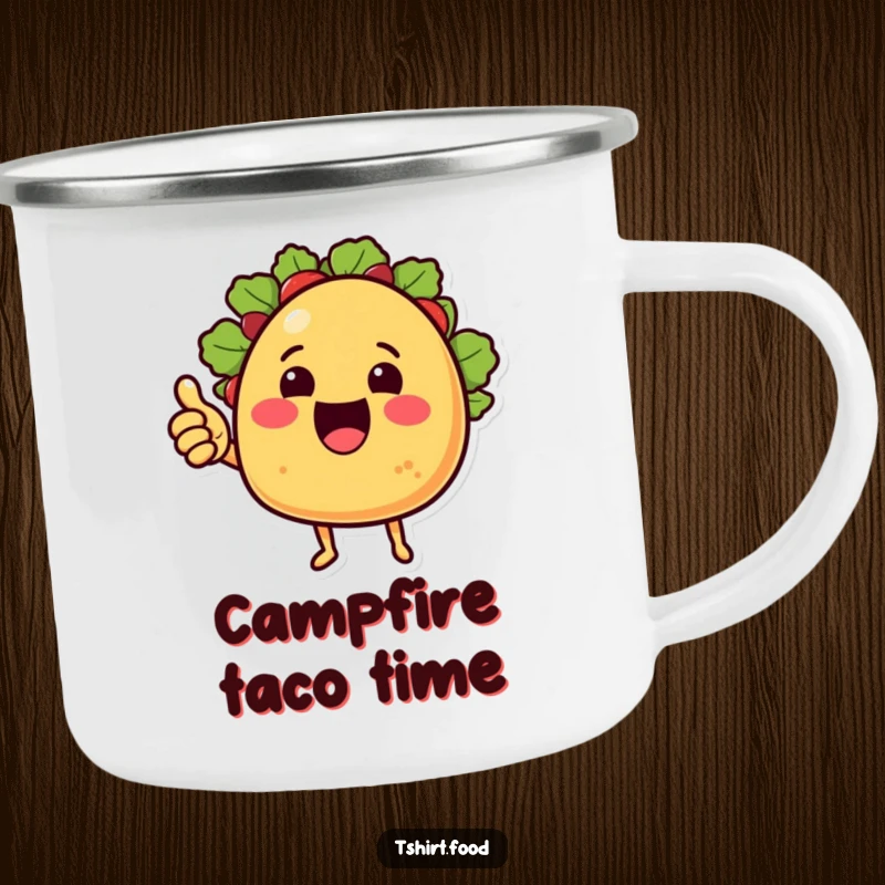 Funny Camping Mug: A cheering taco with little arms gives a thumbs up, perfect for outdoor enjoyment and fiesta fuel.