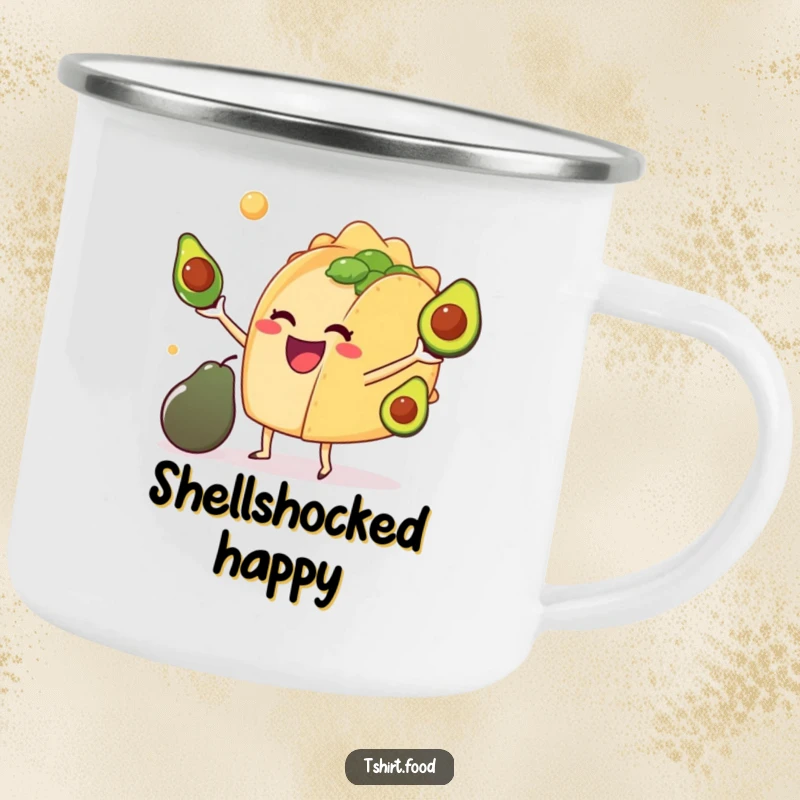 Funny camping mug showing a delighted anthropomorphic taco juggling tiny avocados, ideal for outdoor enthusiasts and as a humorous gift.