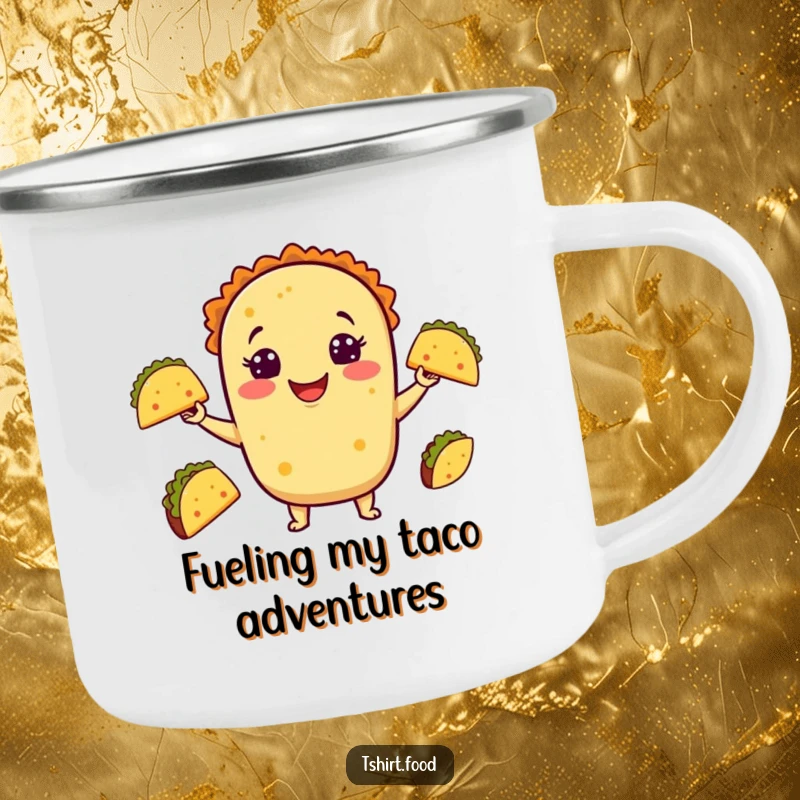 Funny Taco Juggling Camping Mug featuring a happy taco juggling tiny tacos, perfect for outdoor enthusiasts who enjoy a humorous start to their day.