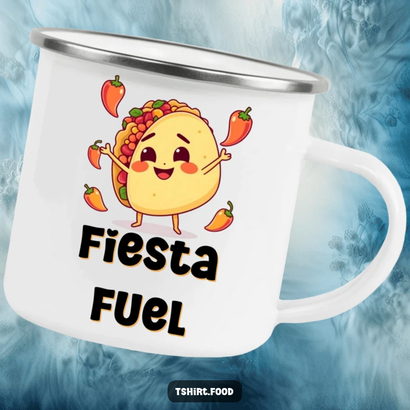 Funny Camping Mug: A determined taco character juggles small peppers, ready for any outdoor culinary adventure with a spicy flair.