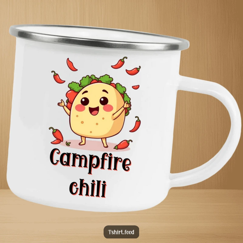 Funny Camping Mug: A cheerful taco juggling small, spicy chili peppers, ready for outdoor adventures and morning brews.