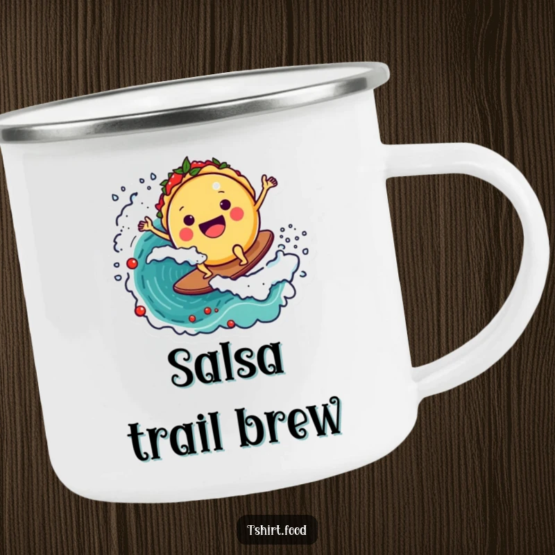 Funny camping mug featuring a joyful taco character surfing a salsa wave, designed for outdoor enthusiasts who love food and laughter.