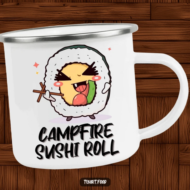 Funny camping mug featuring a winking sushi roll character juggling chopsticks with a devilish grin, designed for outdoor lovers of Japanese food and fun.