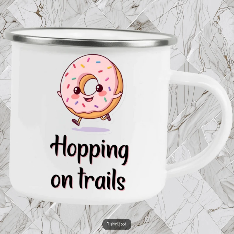 Funny camping mug featuring a happy, sprinkled donut doing a little hop, ideal for outdoor enjoyment and humorous beverages.