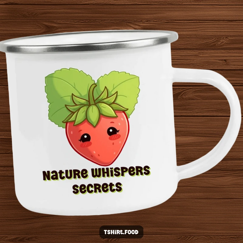 Durable funny shy strawberry camping mug, peeking from a leaf, perfect for outdoor charm and humor. Great funny gift.