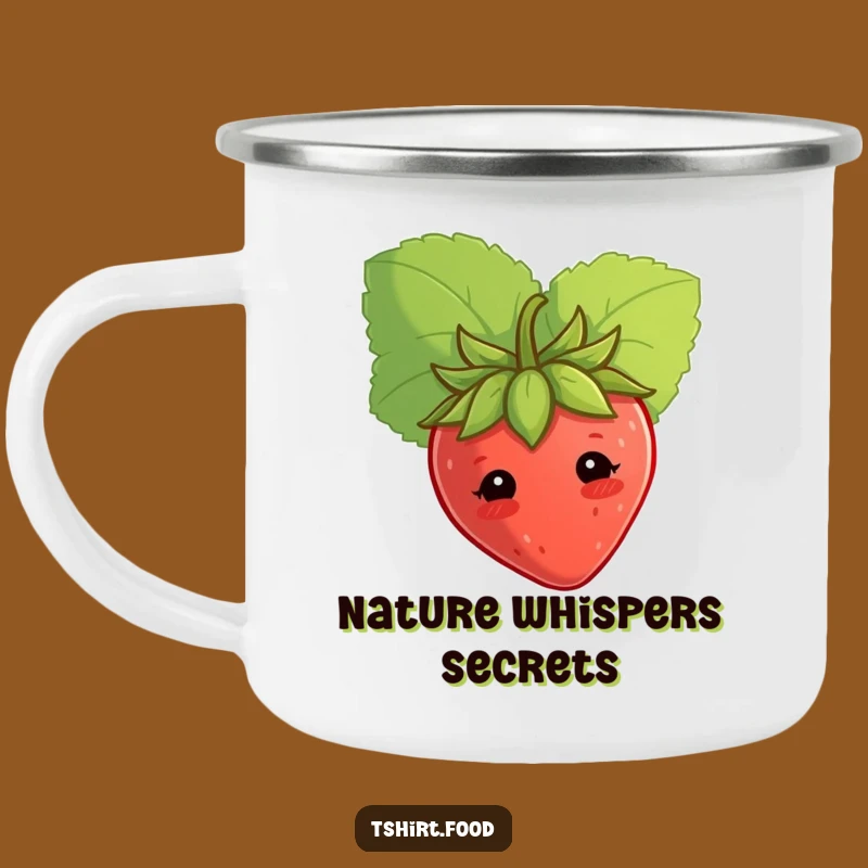 Durable Funny Shy Strawberry Camping Mug, Peeking Leaf Outdoor Humor Gift