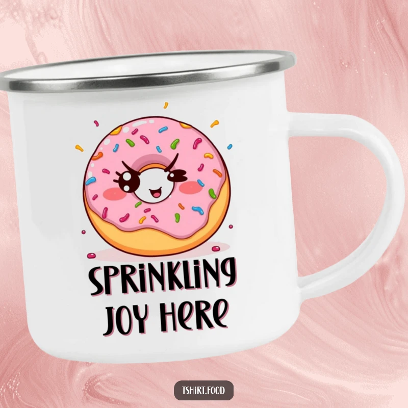 Funny camping mug showing a kawaii donut throwing colorful sprinkles with a mischievous wink, ideal for outdoor lovers.