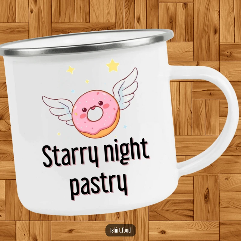 Funny camping mug featuring a joyful donut character with wings soaring through a starlit sky, designed for outdoor enthusiasts who love treats and wonder.