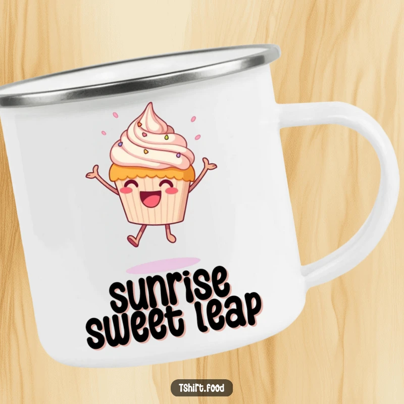 Funny leaping cupcake enamel camping mug with a happy cupcake mid-leap and frosting rain, durable and full of sweet fun.