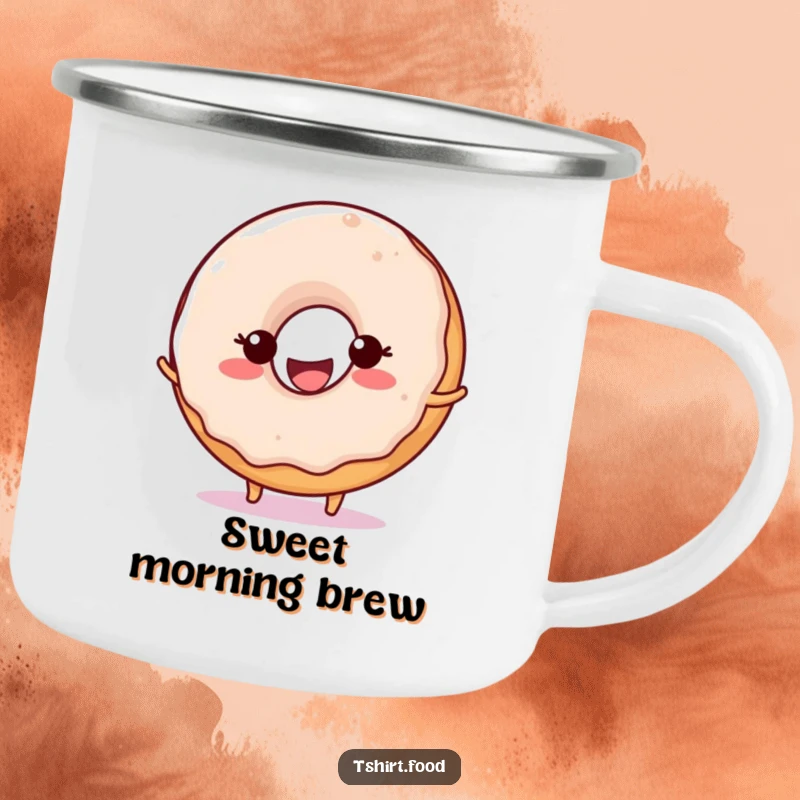 Funny Donut Ball Bounce Camping Mug featuring a happy donut with a big smile, happily bouncing a ball, perfect for outdoor enjoyment.