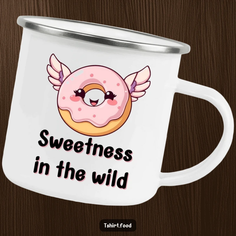 Funny donut camping mug with a joyful donut with wings soaring, designed for outdoor enjoyment and sweet treat lovers.