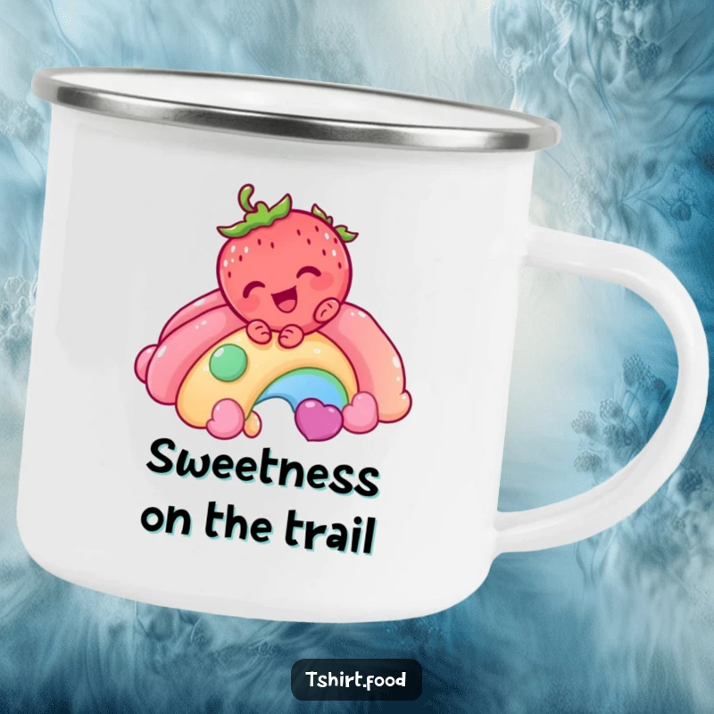 Funny Strawberry Rainbow Camping Mug featuring a giggling strawberry character sliding down a candy rainbow, perfect for enjoying beverages outdoors with a smile.