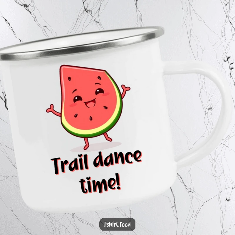 Funny camping mug depicting a slice of watermelon dancing with a silly grin, built for outdoor fun and summer vibes.