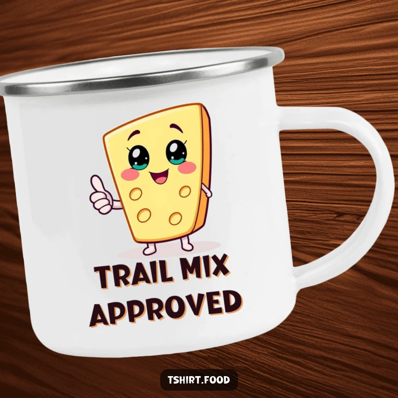 Funny durable camping mug featuring a joyful cheese wedge character giving a thumbs up, perfect for outdoor cheers.