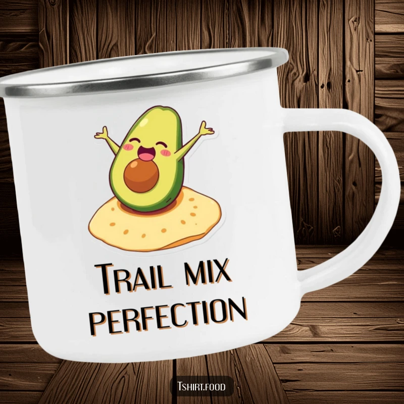 Funny avocado camping mug featuring a laughing character mid-somersault on a tortilla, ideal for outdoor fun.