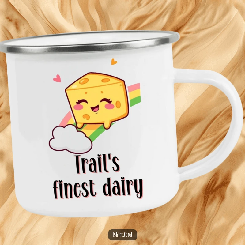 Funny Winking Cheese Wedge Camping Mug, zipping down a rainbow, adding a touch of playful fun to your travels.