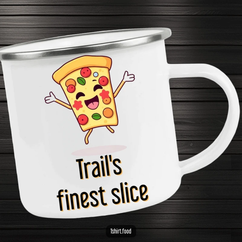 Funny pizza slice camping mug in a dance pose, ready for campfire tales and outdoor adventures. Durable and cheerful.