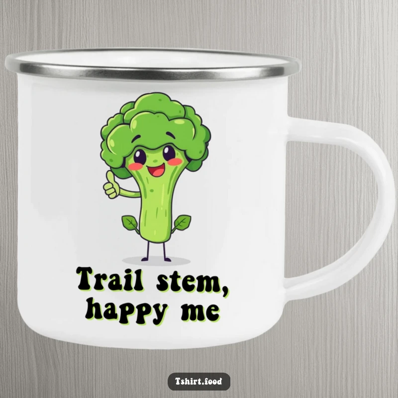 Funny broccoli character giving a thumbs up, balancing on its stem, on a rustic enamel camping mug. For outdoor fun.