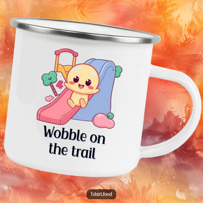 Funny Jelly Slide Camping Mug featuring a wobbly jelly character with round eyes, enthusiastically sliding down a slide, built for outdoor excitement.