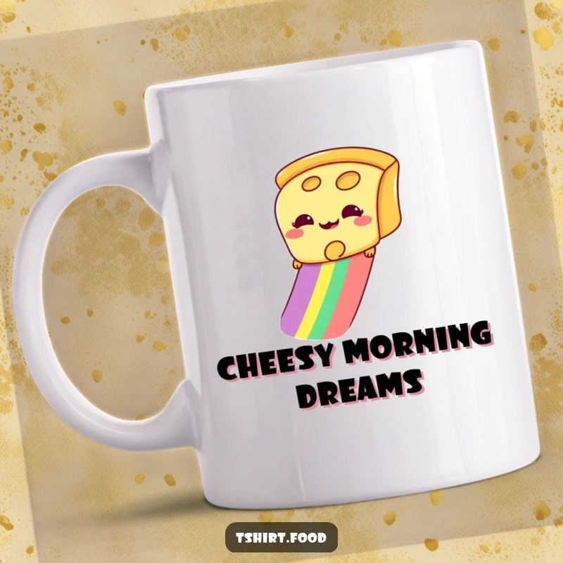 Funny mug featuring a giddy slice of cheese gleefully sliding down a vibrant rainbow, radiating pure delight and adventure.