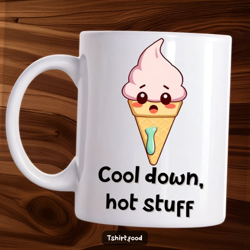 Funny mug featuring a surprised ice cream cone character with a slightly melted appearance, conveying a humorous sense of shock.