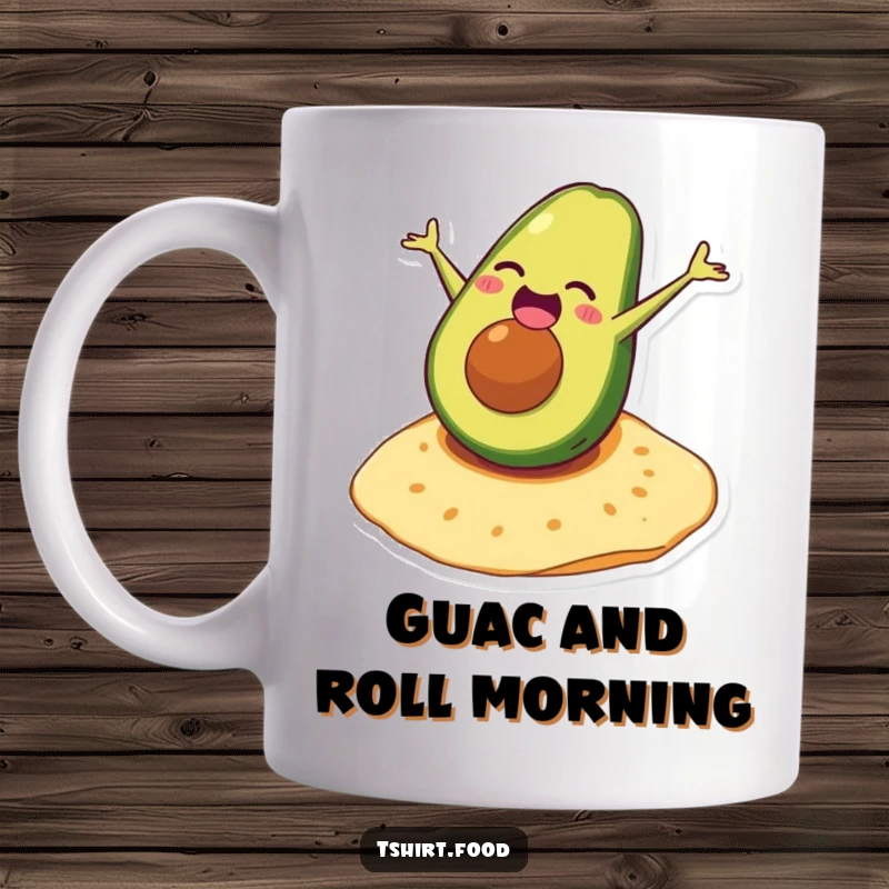 Funny avocado mug showing a laughing character doing a somersault on a tortilla, exuding pure, edible comedy.