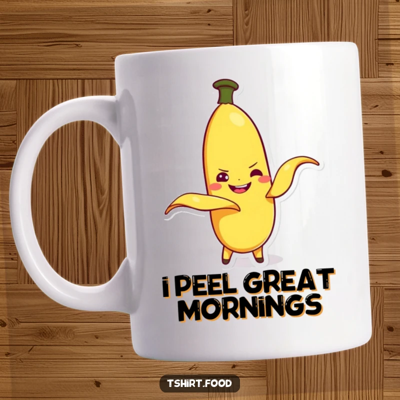 Funny banana character peeling itself with a mischievous grin, on a mug. A humorous and playful kitchen item.