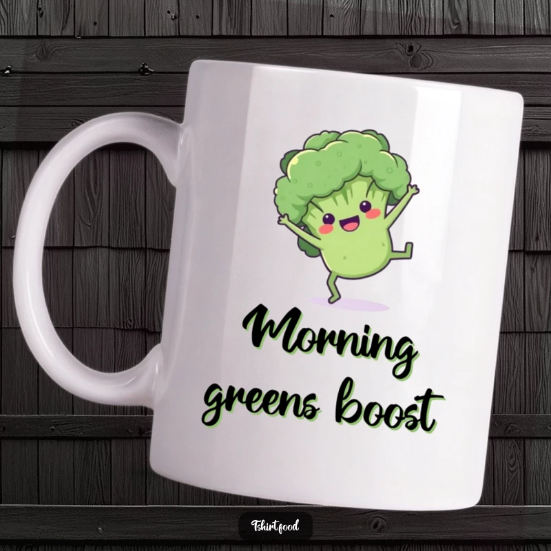Funny broccoli mug showing a playful floret doing a cartwheel with arms and legs, radiating healthy, active humor.