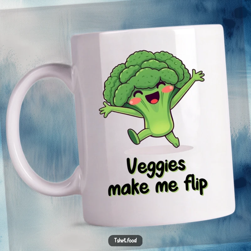 Funny Broccoli Mug: A joyful broccoli character performs an energetic cartwheel, arms wide in celebration of health and fun.