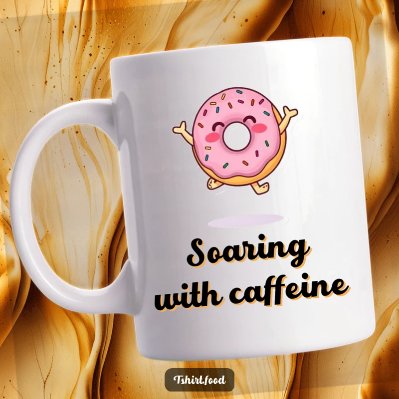 Funny Mug showcasing a jumping donut character with sprinkles energetically dancing, radiating pure happiness and playful energy.