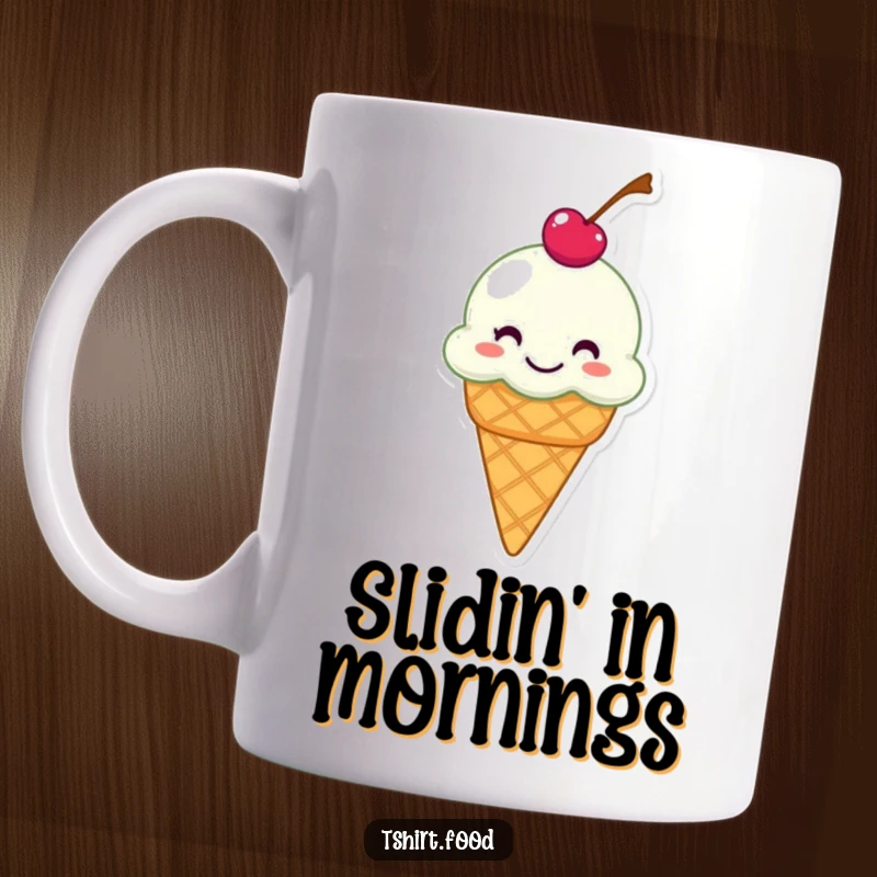 Funny mug featuring a grinning ice cream cone with a cherry on top, humorously depicted sliding.