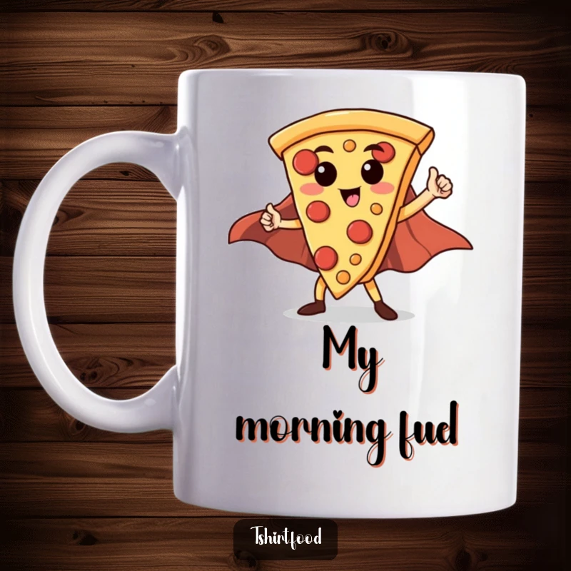 Funny Hero Pizza Slice Mug: A triumphant pizza slice with a red cape strikes a heroic pose, ready for adventure.