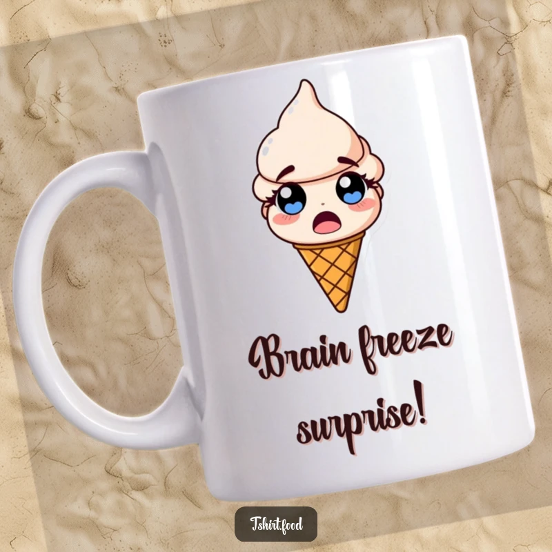 Funny mug featuring a surprised ice cream cone with comically large, popping eyes, in a state of utter shock.