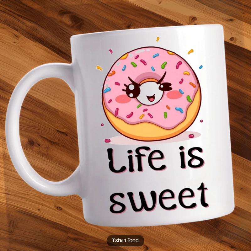Funny kawaii donut mug, playfully throwing colorful sprinkles while giving a mischievous wink, perfect for sweet lovers.