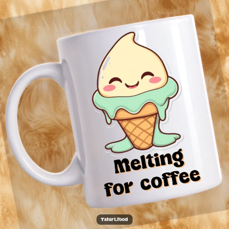 Funny happy ice cream cone character melting slightly with a wide, silly smile, on a mug. A sweet and humorous design.